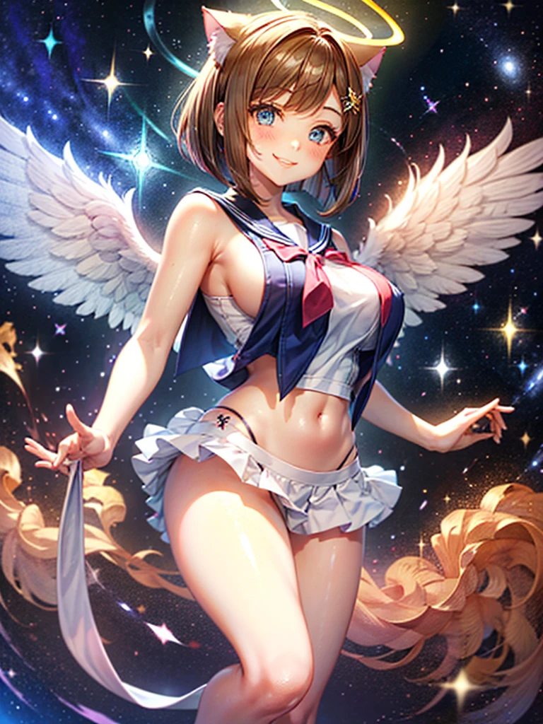 A beautiful smiling girl in a sailor suit,Halation,Cat ear,Brown hair short bob,front,Very beautiful eyes,universe,Milky Way,White angel wings on your back,Big Breasts,(((Halo))),