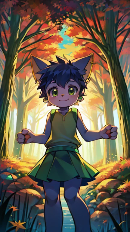 (cat, solo, highly insanely detailed, masterpiece, top quality, best quality, highres, 4k, 8k, RAW photo),((innocent look)),((Childish)),From the front, symmetrical composition,smile,cute,Innocent,Kind eyes,Flat chest,digimon,forest, autumn, ppgzbtc, standing, green eyes, short hair, earrings, yellow vest, green skirt, 