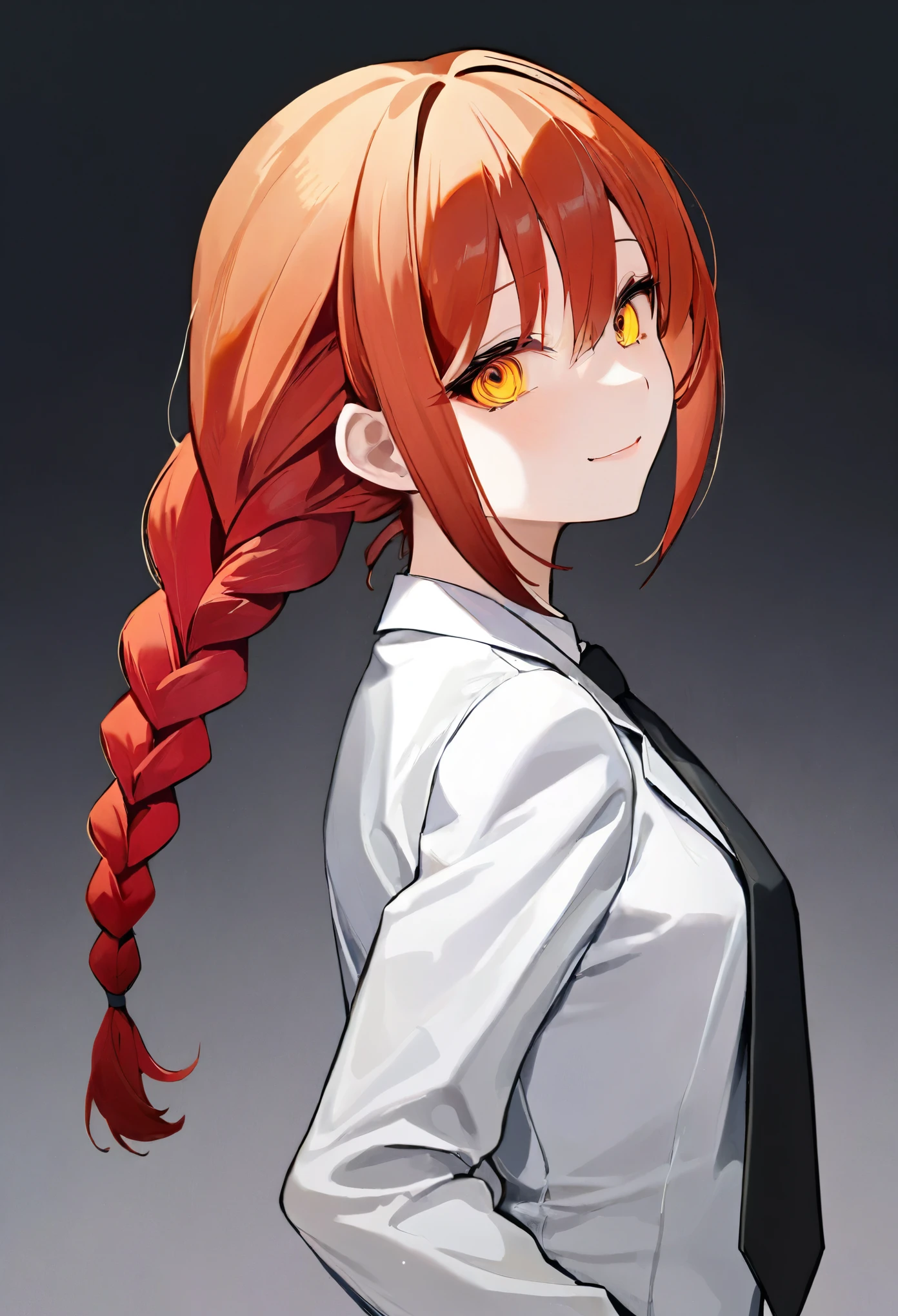 1 girl、Upper Body、Vermilion Hair、back braid、 One braid、White suit shirt、Black Necktie、Honey-colored eyes、Beautiful eyes with a gradation of vermilion and yellow、Delicate、Black and gray solid background、Dark Background、Devilish smile、Highest quality、Masterpiece、Perfect Face、Cute face、Grown-up、