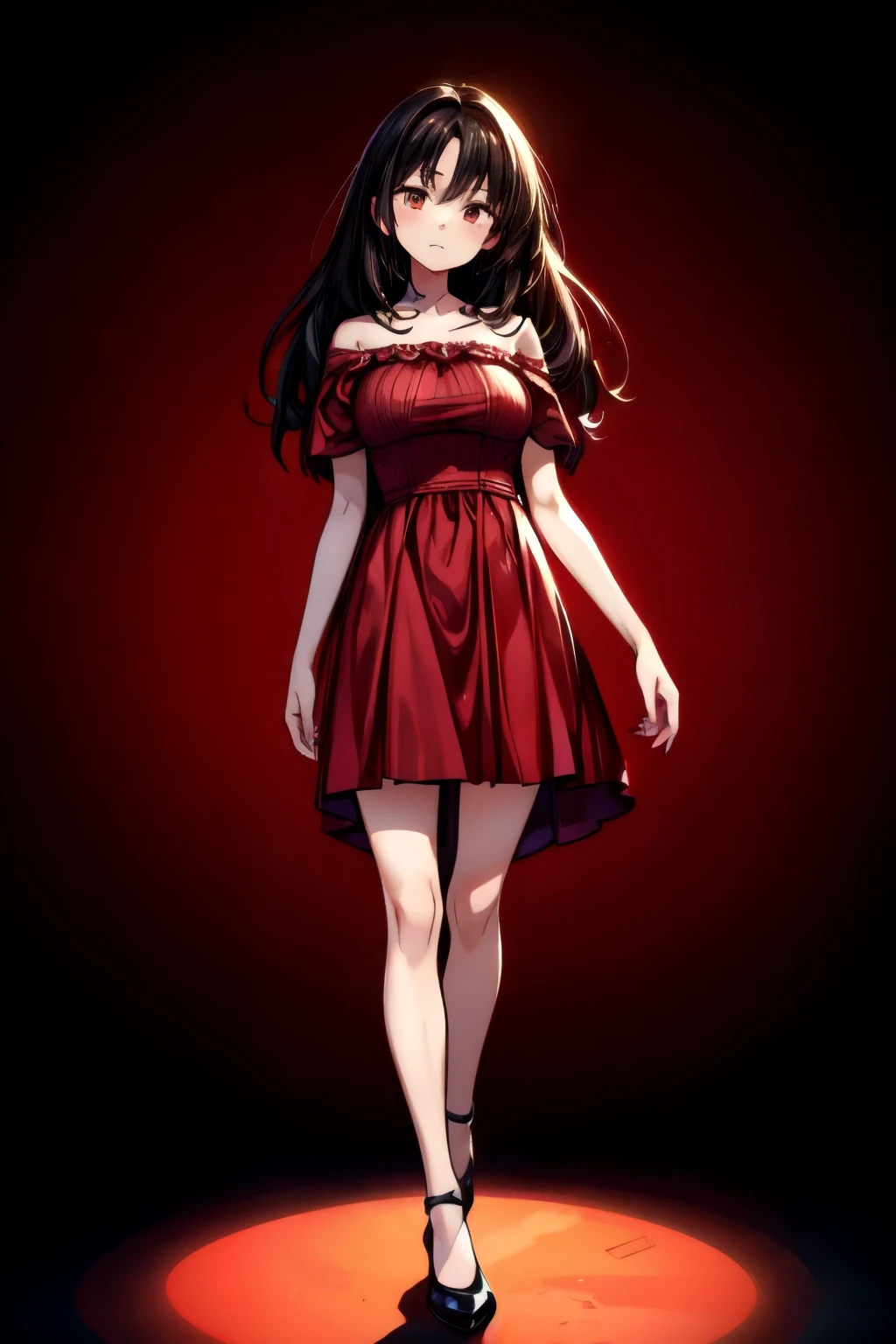 Top Quality, Masterpiece, Ultra High Definition, (Photorealistic: 1.4), Raw Photo, 1 Girl, Dark Hair, Glossy Skin, Dramatic Lighting, Full Body,, Red Dress, Colossal