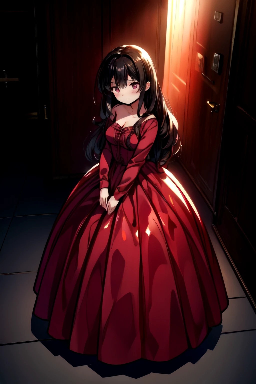 Top Quality, Masterpiece, Ultra High Definition, (Photorealistic: 1.4), Raw Photo, 1 Girl, Dark Hair, Glossy Skin, Dramatic Lighting, Full Body,, Red Dress, Colossal