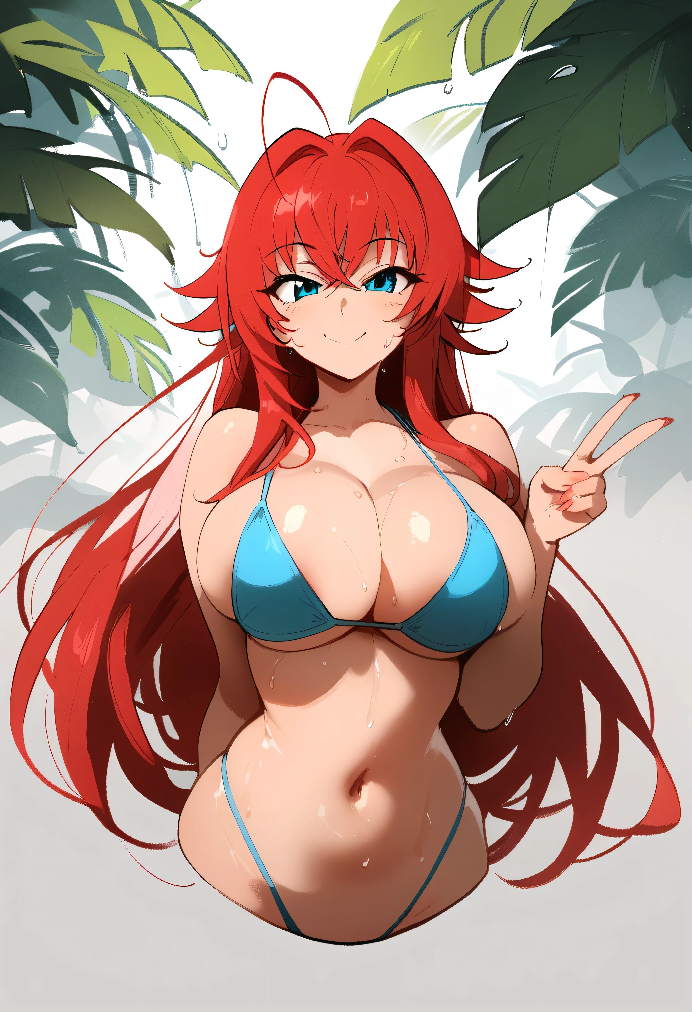 1girl, rias gremory, high school dxd
\\\\\ masterpiece, best quality, newest, ///// nyantcha, khyle, cutesexyrobutts \\\\\ highres, absurdes. , solo, wet, sweat, shiny skin, straight-on, big breasts, naughty face,, breasts squeezed together, grey background, simple background, jungle, , cropped torso, v , navel, ,bikini, skinny
