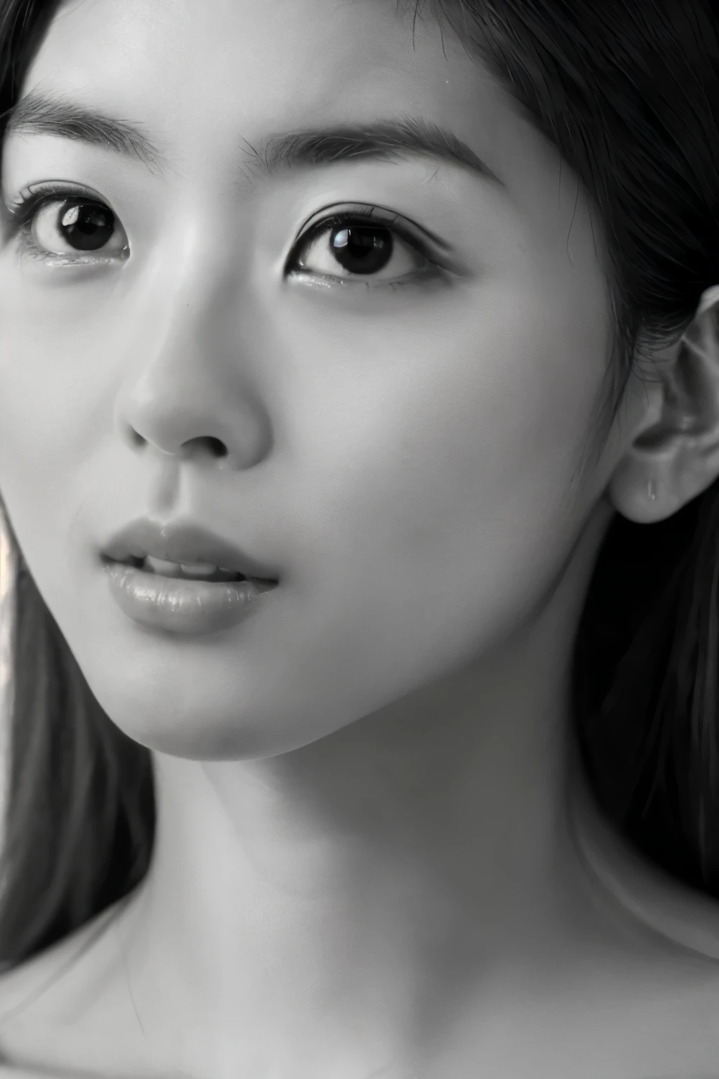 Masterpiece, Best Quality, Photorealsitic, Ultra-detailed, finely detail, high resolution, 8k wallpaper, Professional, high level of detail, ((monochrome photo)), 1girl in, Skinny Japanese woman, ((Facing the front)), ((Only lips are in Red)), Detailed clavicle, face perfect, straight hair, (look straight at a camera)