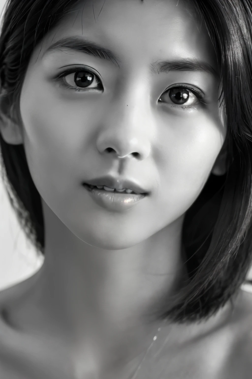 Masterpiece, Best Quality, Photorealsitic, Ultra-detailed, finely detail, high resolution, 8k wallpaper, Professional, high level of detail, ((monochrome photo)), 1girl in, Skinny Japanese woman, ((Facing the front)), ((Only lips are in Red)), Detailed clavicle, face perfect, straight hair, (look straight at a camera)