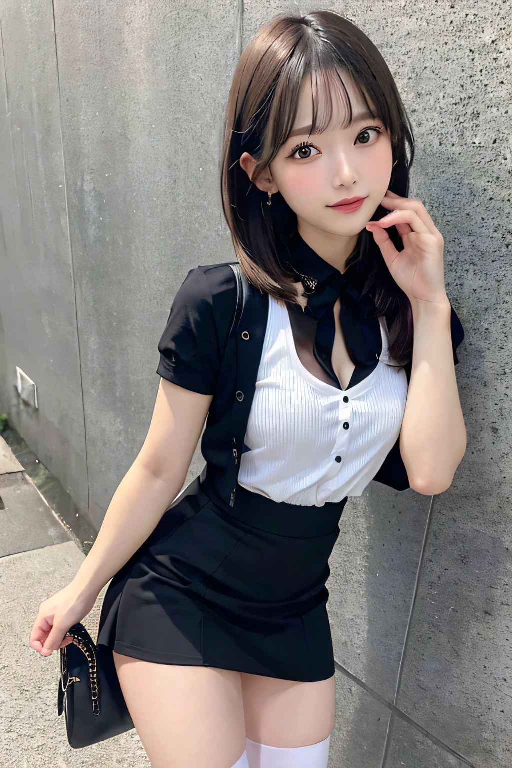 Brown hair、watching at viewers　　suspenders　　　big breasts　　 　 　　　　Black miniskirt　garterbelts　knee high socks　　　　　　Gaze　　　Small face　bangss 　　　　　Beautuful Women　　　　 　Gaze 　Black boots 　　　Armpit sweat　soio 　　Fold your hands behind your back　Belt Cutter Shirt　teats