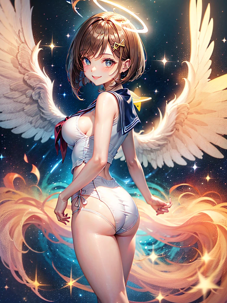 A beautiful smiling girl in a sailor suit,Halation,Cat ear,Brown hair short bob,front,Very beautiful eyes,universe,Milky Way,White angel wings on your back,Big Breasts,(((Halo))),