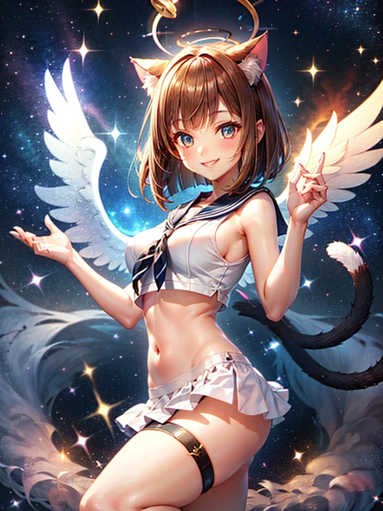 A beautiful smiling girl in a sailor suit,Halation,Cat ear,Brown hair short bob,front,Very beautiful eyes,universe,Milky Way,White angel wings on your back,Big Breasts,(((Halo))),