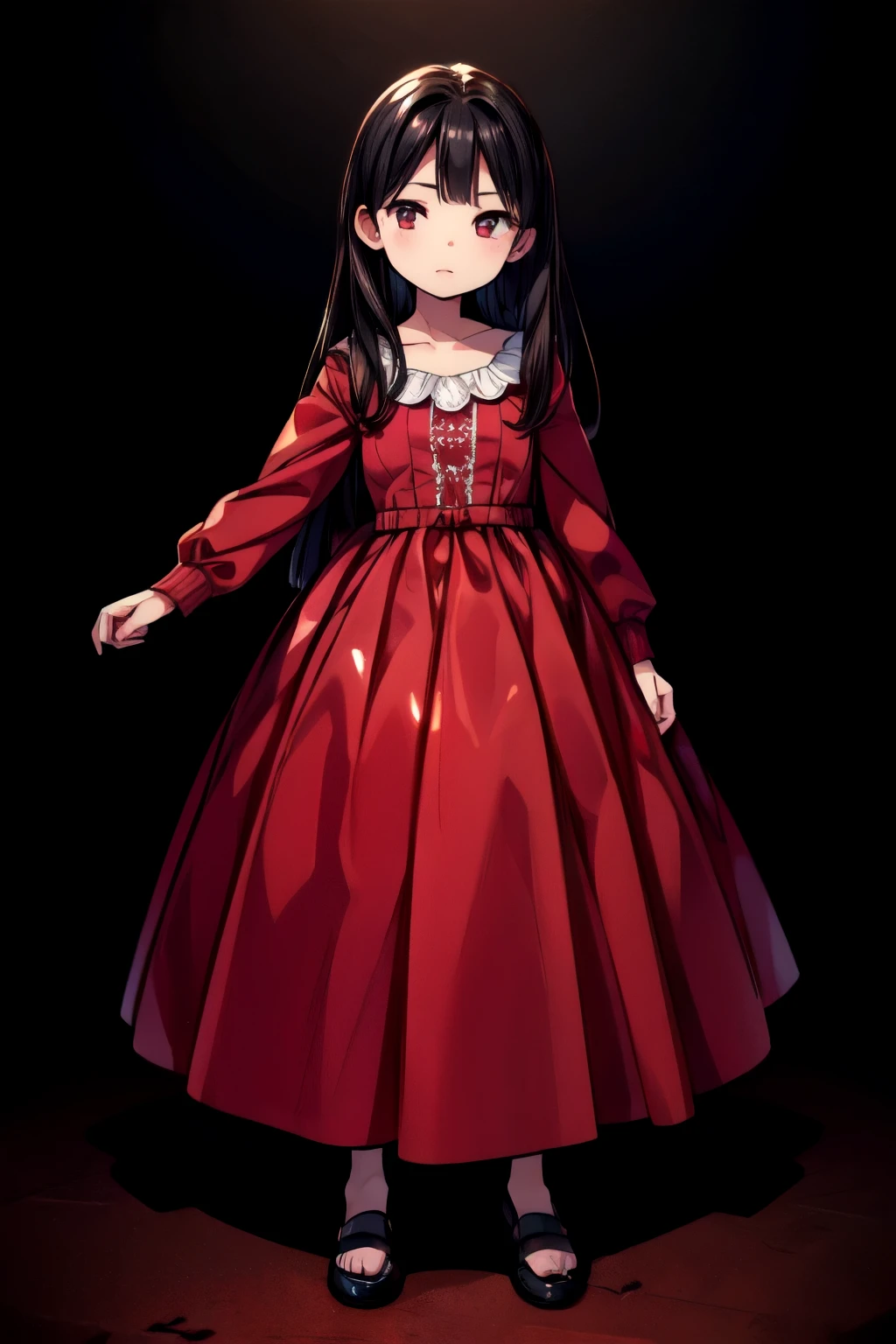 Top Quality, Masterpiece, Ultra High Definition, (Photorealistic: 1.4), Raw Photo, 1 Girl, Dark Hair, Glossy Skin, Dramatic Lighting, Full Body,, Red Dress, Colossal