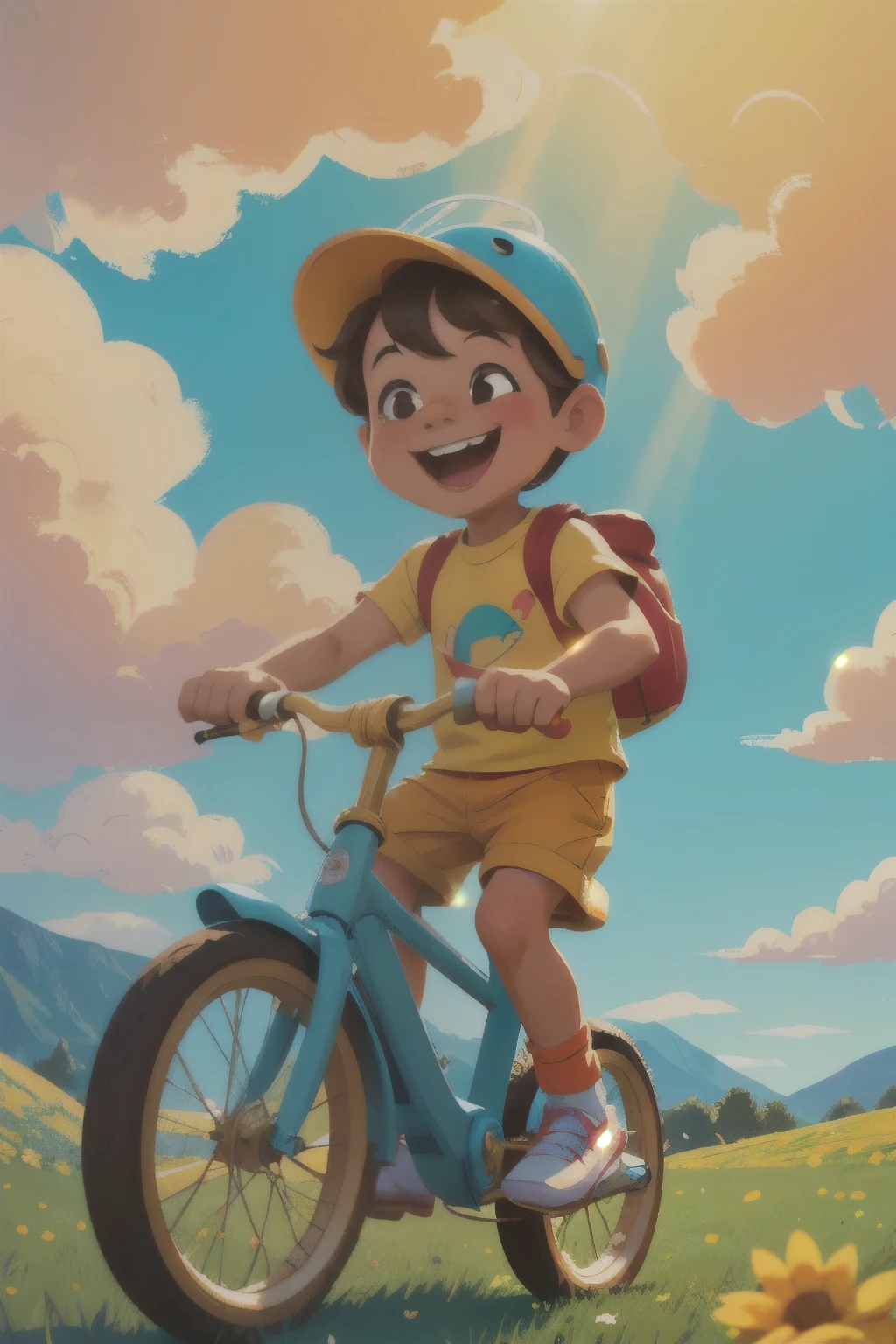 A cute illustration of a young boy riding his bright orange bicycle, smiling joyfully as he pedals through a cheerful, colorful landscape. The art style is whimsical and playful, with soft pastel colors and a cartoonish, childlike design. The boy is wearing a small helmet and casual clothes, with a sense of fun and freedom in his expression. The background features soft, rolling hills, fluffy clouds, and a bright blue sky. The scene captures the innocence and energy of childhood, with a light and happy atmosphere. natural light, 35mm photograph, film, professional, 4k, highly detailed, Golden hour lighting. Depth of field F2. Rule of Thirds Composition.
