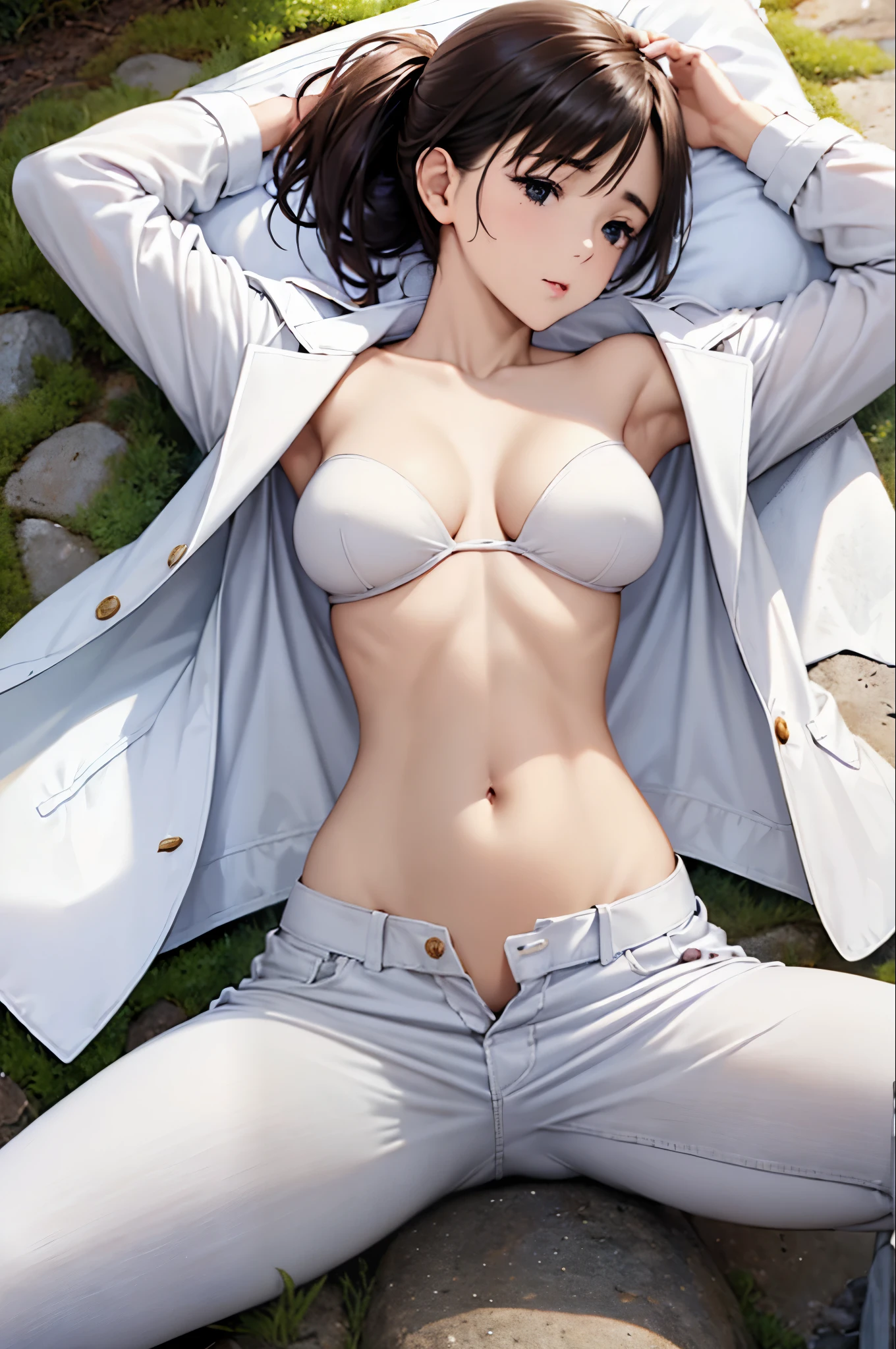 Masterpiece, best quality, Highly detailed, Ultra high resolution, Idol Accelerator, 1 girl, alone, perfect body, hair accessories, glossy lips, Medium bust, Diaphragm, trousers, rift, White jacket, ponytail, hands in pocket, Show abdomen, Revealing the lower abdomen，Sexy belly, long black hair, ((wide Open the abdomen.))、((Open the abdomen.))、((wide Open the navel))、((Open the navel))、((bare stomach))、((Extra low waist))、 ((Navel expulsion)), nature(Medium bust), sleep on the floor, Spread your legs