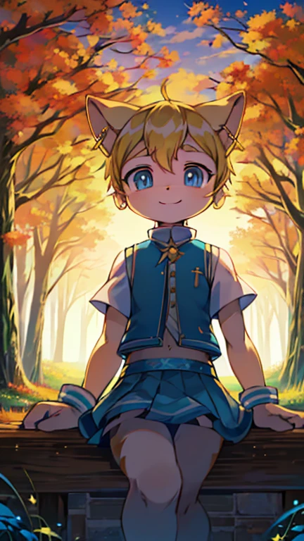 (cat, solo, highly insanely detailed, masterpiece, top quality, best quality, highres, 4k, 8k, RAW photo),((innocent look)),((Childish)),From the front, symmetrical composition,smile,cute,Innocent,Kind eyes,Flat chest,digimon,forest, autumn, (ppgzbb), (blue eyes, blonde hair, twin drills, hairclip, earrings, vest, blue skirt, short skirt)