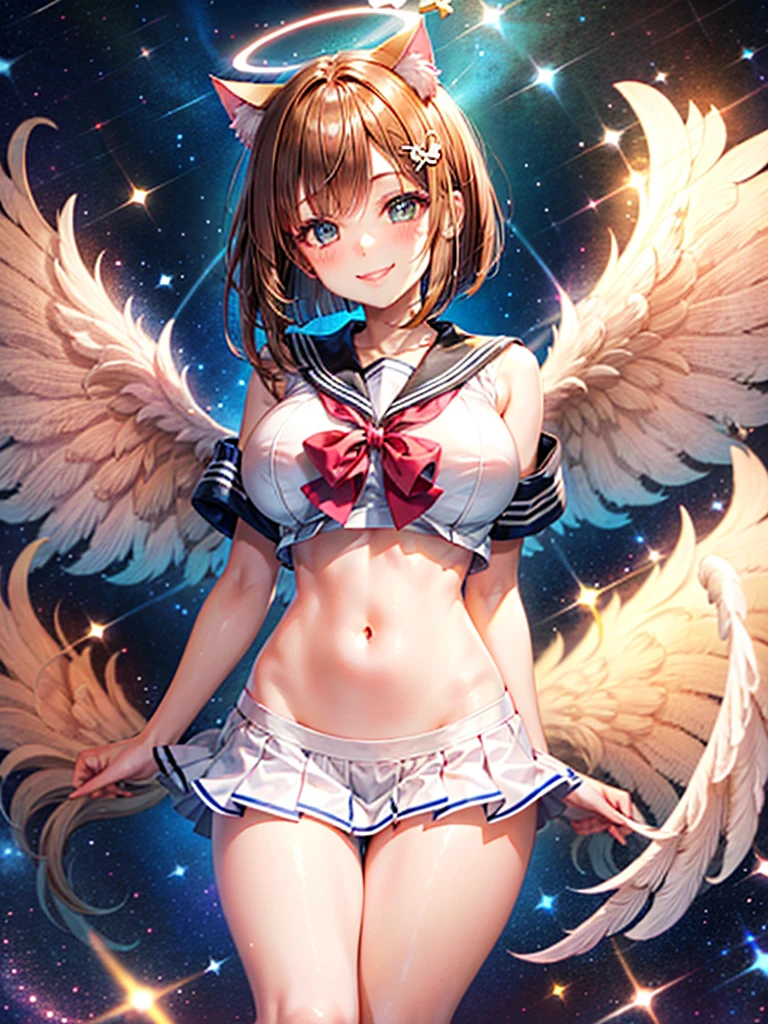 A beautiful smiling girl in a sailor suit,Halation,Cat ear,Brown hair short bob,front,Very beautiful eyes,universe,Milky Way,White angel wings on your back,Big Breasts,(((Halo))),