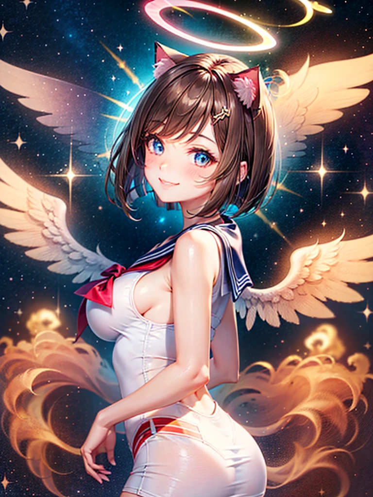 A beautiful smiling girl in a sailor suit,Halation,Cat ear,Brown hair short bob,front,Very beautiful eyes,universe,Milky Way,White angel wings on your back,Big Breasts,(((Halo))),