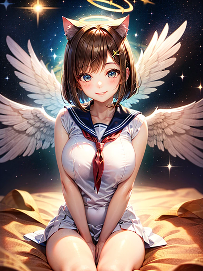 A beautiful smiling girl in a sailor suit,Halation,Cat ear,Brown hair short bob,front,Very beautiful eyes,universe,Milky Way,White angel wings on your back,Big Breasts,(((Halo))),