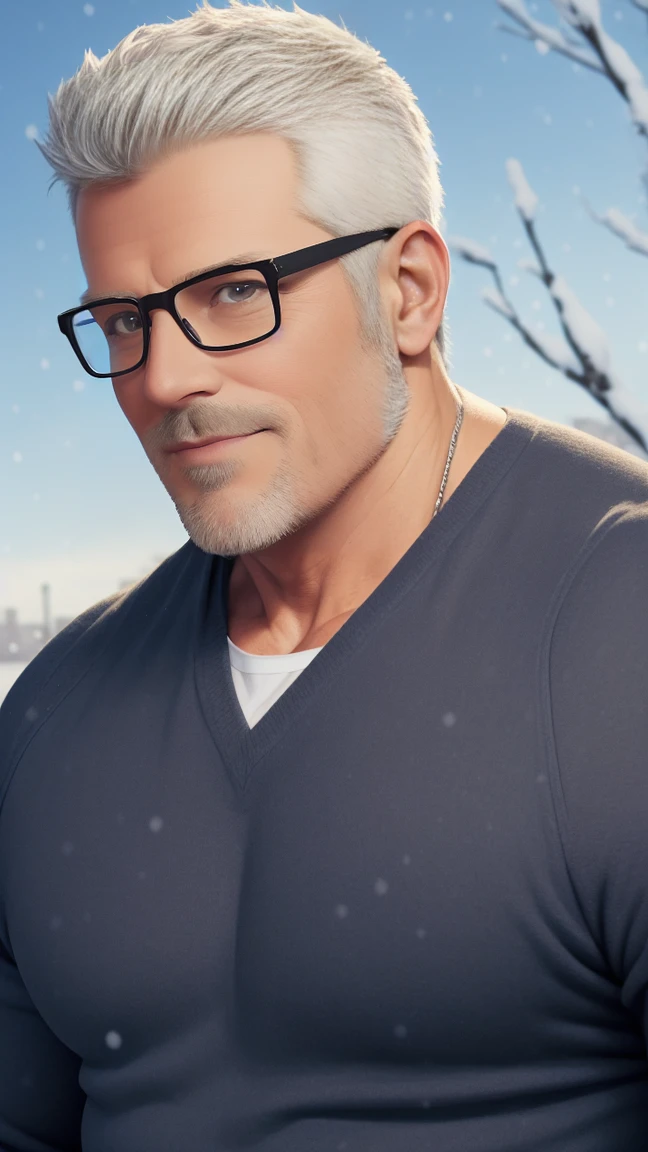 sfw, 1man, middle aged, 61 y.o, handsome, white graying edges, crew cut hairstyle, white beard, white mustache, friendly smile, wearing glasses, shining blue eyes, prominent muscular bodyshape, BODYBUILDER BODYSHAPED, black sweater, snow-themed winter mantle, gray denim jeans, snowy tokyo (background), evening (sky color), closer distance face against me, looking viewers, hd, high quality, 8k resolution