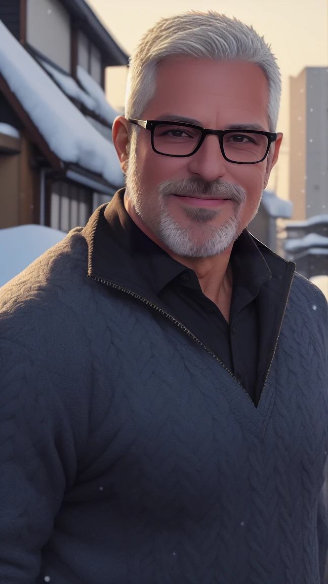 sfw, 1man, middle aged, 61 y.o, handsome, white graying edges, crew cut hairstyle, white beard, white mustache, friendly smile, wearing glasses, shining blue eyes, prominent muscular bodyshape, BODYBUILDER BODYSHAPED, black sweater, snow-themed winter mantle, gray denim jeans, snowy tokyo (background), evening (sky color), closer distance face against me, looking viewers, hd, high quality, 8k resolution