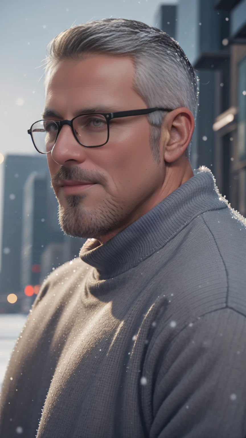 sfw, 1man, middle aged, 61 y.o, handsome, white graying edges, crew cut hairstyle, white beard, white mustache, friendly smile, wearing glasses, shining blue eyes, prominent muscular bodyshape, BODYBUILDER BODYSHAPED, black sweater, snow-themed winter mantle, gray denim jeans, snowy tokyo (background), evening (sky color), closer distance face against me, looking viewers, hd, high quality, 8k resolution