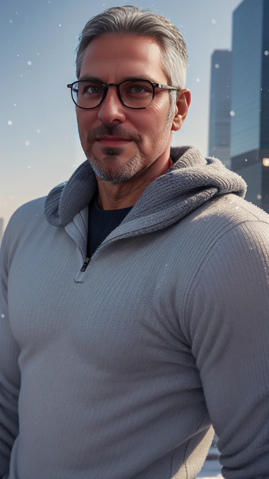 sfw, 1man, middle aged, 61 y.o, handsome, white graying edges, crew cut hairstyle, white beard, white mustache, friendly smile, wearing glasses, shining blue eyes, prominent muscular bodyshape, BODYBUILDER BODYSHAPED, black sweater, snow-themed winter mantle, gray denim jeans, snowy tokyo (background), evening (sky color), closer distance face against me, looking viewers, hd, high quality, 8k resolution