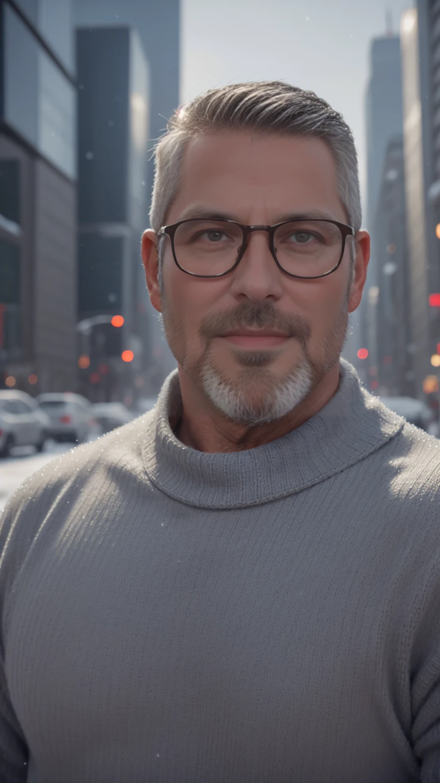 sfw, 1man, middle aged, 61 y.o, handsome, white graying edges, crew cut hairstyle, white beard, white mustache, friendly smile, wearing glasses, shining blue eyes, prominent muscular bodyshape, BODYBUILDER BODYSHAPED, black sweater, snow-themed winter mantle, gray denim jeans, snowy tokyo (background), evening (sky color), closer distance face against me, looking viewers, hd, high quality, 8k resolution