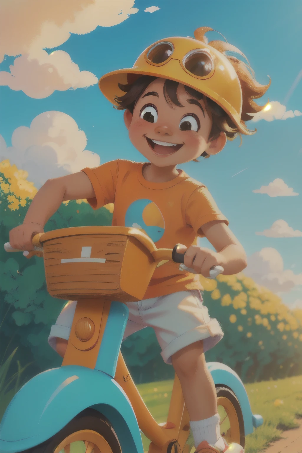 A cute illustration of a young boy riding his bright orange bicycle, smiling joyfully as he pedals through a cheerful, colorful landscape. The art style is whimsical and playful, with soft pastel colors and a cartoonish, childlike design. The boy is wearing a small helmet and casual clothes, with a sense of fun and  in his expression. The background features soft, rolling hills, fluffy clouds, and a bright blue sky. The scene captures the innocence and energy of childhood, with a light and happy atmosphere. natural light, 35mm photograph, film, professional, 4k, highly detailed, Golden hour lighting. Depth of field F2. Rule of Thirds Composition.
