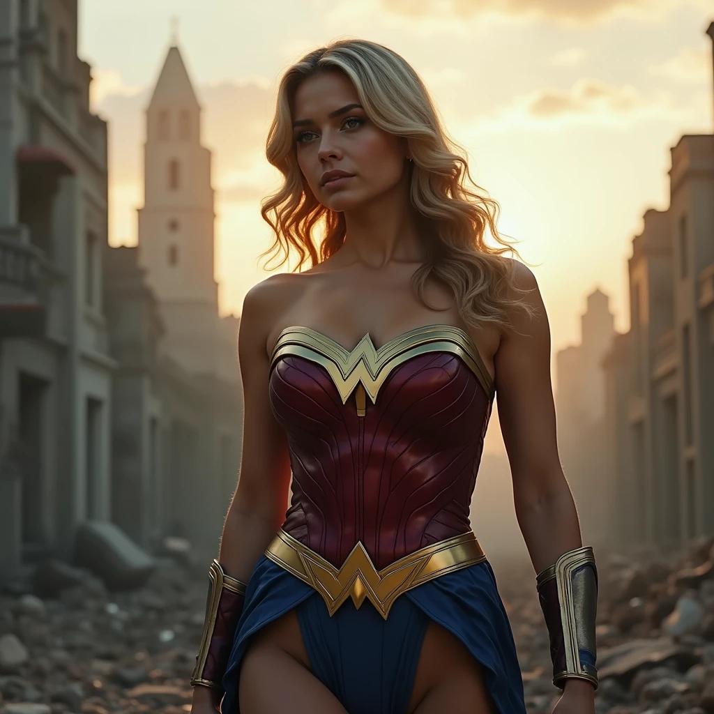 A beautiful woman with long blonde hair wearing a red and blue top with a yellow eagle-like emblem on her chest, black leggings, boots, and gold bracelets, a gold headband on her forehead on her knees screaming exhausted after an extensive battle, blood all around her in a cold and dark apocalyptic city, bloody and scary images 