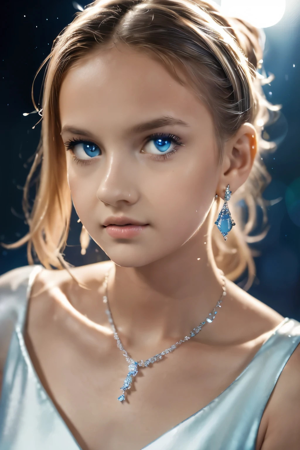 masterpiece, best quality, illustration, sax blue, platinum earrings, platinum necklace, white dress, 1girl, cute, (dynamic lighting:1.2), cinematic lighting, delicate facial features, detailed eyes, sharp pupils, realistic pupils, depth of field, bokeh, sharp focus, (hyper-detailed, bloom, glow:1.4), many small gems