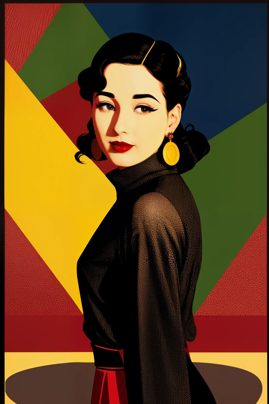Polka dot background Woman posing alone She is wearing red lipstick and small black earrings.、In the shaft of light、 taisho roman Japanese Manga America in the 70s Mary Cassatt、patrick nagel、Staring sarcastic at the camera((Dark Movies))Portraiture