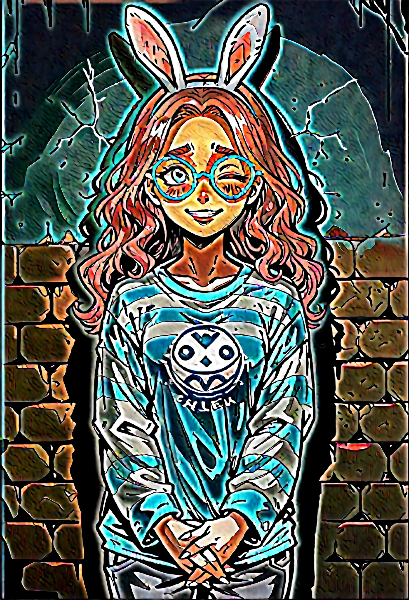 Medium close-up of a pale, slender girl, long wavy hair, korean pink hair, thick eyebrows and contrast green eyes. She is short and has a playful expression with one eye closed, a smile, blush, and big, oversized glasses. Her face is ultra-clear and finely detailed. She holds her hands together. She wears oversized long sleeve shirt, striped blue-white shirt with woolen heart logo. She has white nails and white woolen bunny ears. The design is highly detailed, with thick outlines and dramatic lighting, inspired by Chris Bourassa. Blue neon disk behind. The background features a weathered brick wall with azure neon light, creating dark, atmospheric scene. Highly detailed, inspired by Chris Bourassa's. Dramatic lightning,a azure neon lamp lights. Somber character design with thick outlines.
