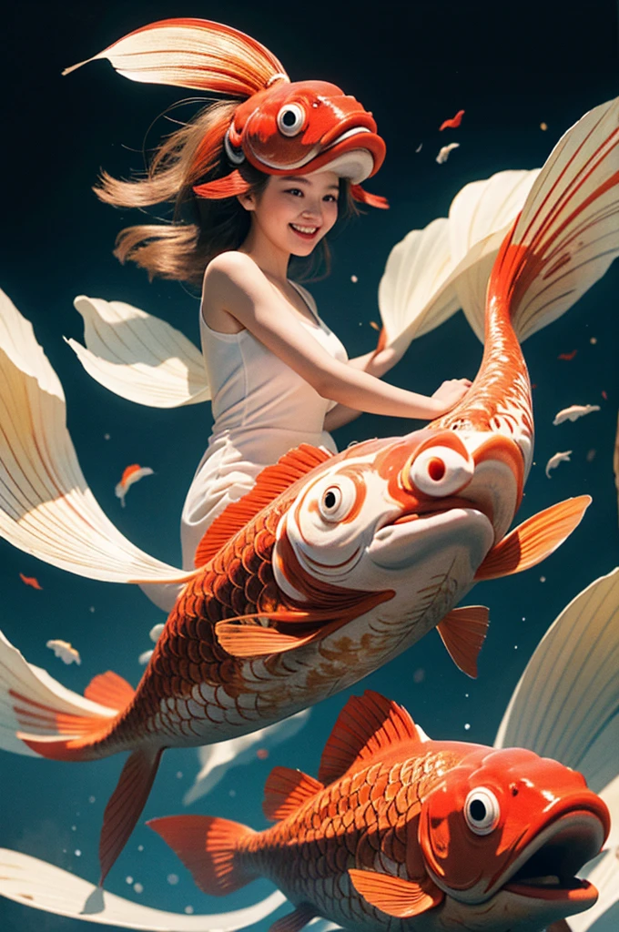 mujifish plus，A vertical composition featuring an adult Chinese woman in a stylish white ballet dress, smiling gently with a look of determination. She is encircled by a giant, colorful goldfish with a vividly patterned tail. The scene is set against a dark, black background. The woman's facial expression combines a soft, gentle smile with a sense of determination and serenity, conveying both joy and resolve. Her ballet pose is graceful and refined, emphasizing her elegance and the modern design of her white dress. The large, majestic goldfish, vibrant and colorful, swirling around her in a protective embrace, enhances the enchanting atmosphere. The dark, black background creates a dramatic contrast, highlighting the woman's serene yet determined smile, her ballet pose, and the contemporary style of her dress. 
 