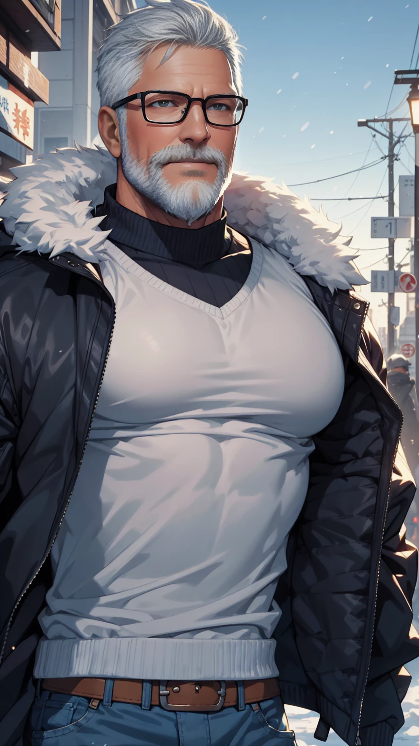 sfw, 1man, middle aged, 61 y.o, handsome, white graying edges, crew cut hairstyle, white beard, white mustache, friendly smile, wearing glasses, shining blue eyes, prominent muscular bodyshape, BODYBUILDER BODYSHAPED, black sweater, snow-themed winter mantle, dark blue training jeans, snowy tokyo (background), evening (sky color), closer distance face against me, realistic style, ultra-realistic, hyperrealistic, hyperdetail, looking viewers, hd, high quality, 8k resolution