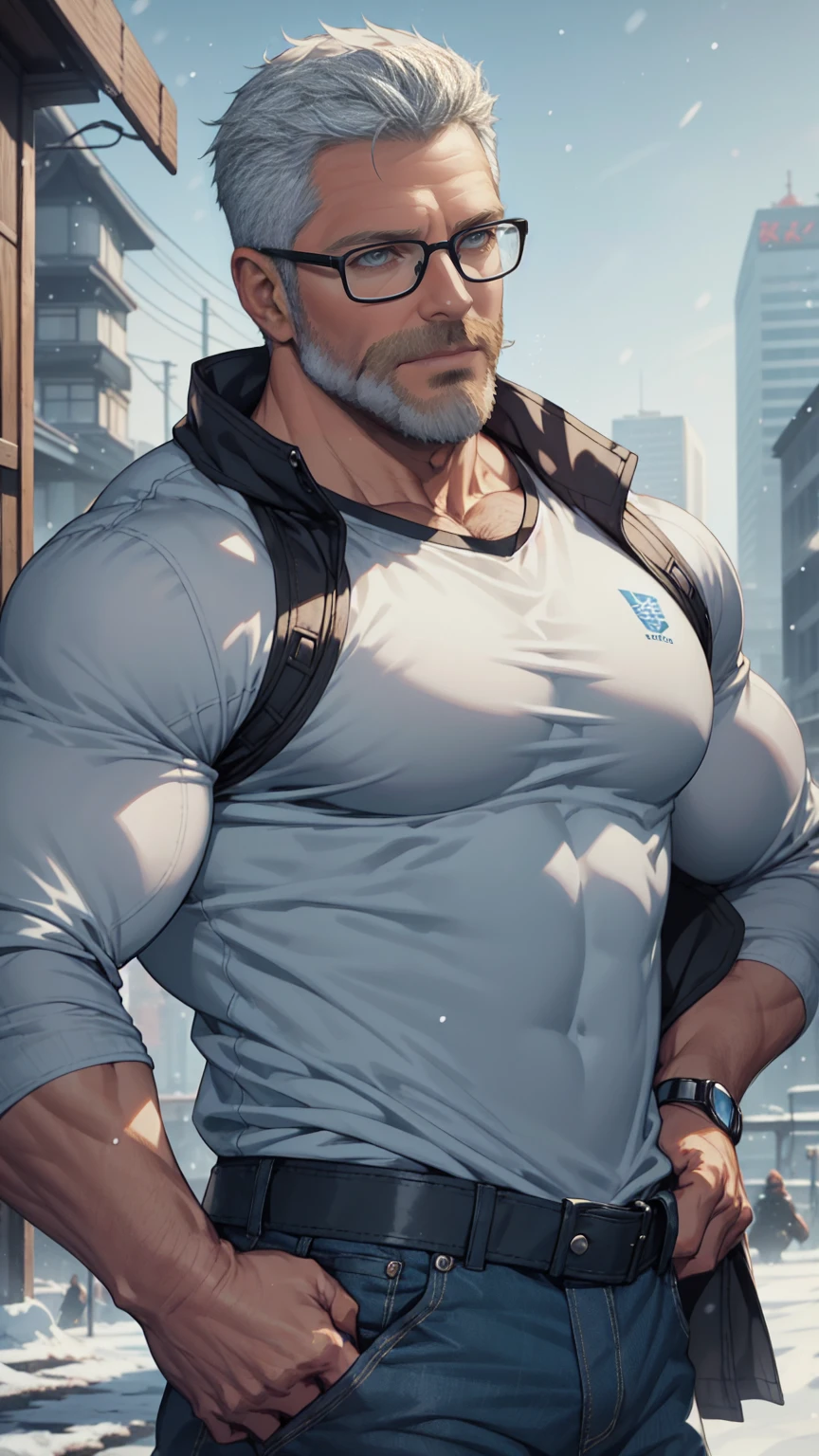 sfw, 1man, middle aged, 61 y.o, handsome, white graying edges, crew cut hairstyle, white beard, white mustache, friendly smile, wearing glasses, shining blue eyes, prominent muscular bodyshape, BODYBUILDER BODYSHAPED, black sweater, snow-themed winter mantle, dark blue training jeans, snowy tokyo (background), evening (sky color), closer distance face against me, realistic style, ultra-realistic, hyperrealistic, hyperdetail, looking viewers, hd, high quality, 8k resolution