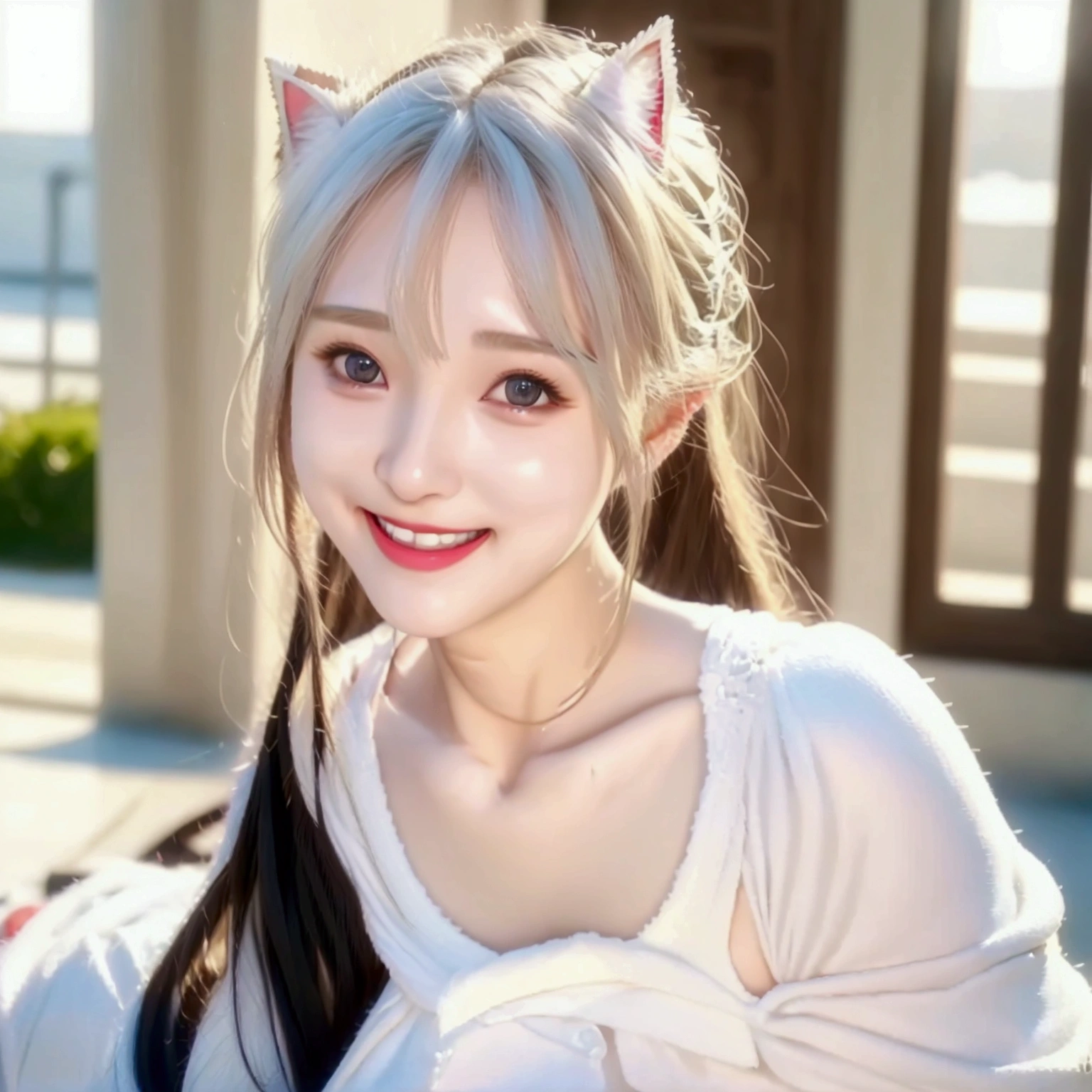 Realistic picture, The sun shines, One girl, white hair, White cat ears, Cosplay Girl, Wearing a big white sweater and black shorts., Highly detailed and realistic images, Red cheeks and sweat, Smiling faces, Very big breasts