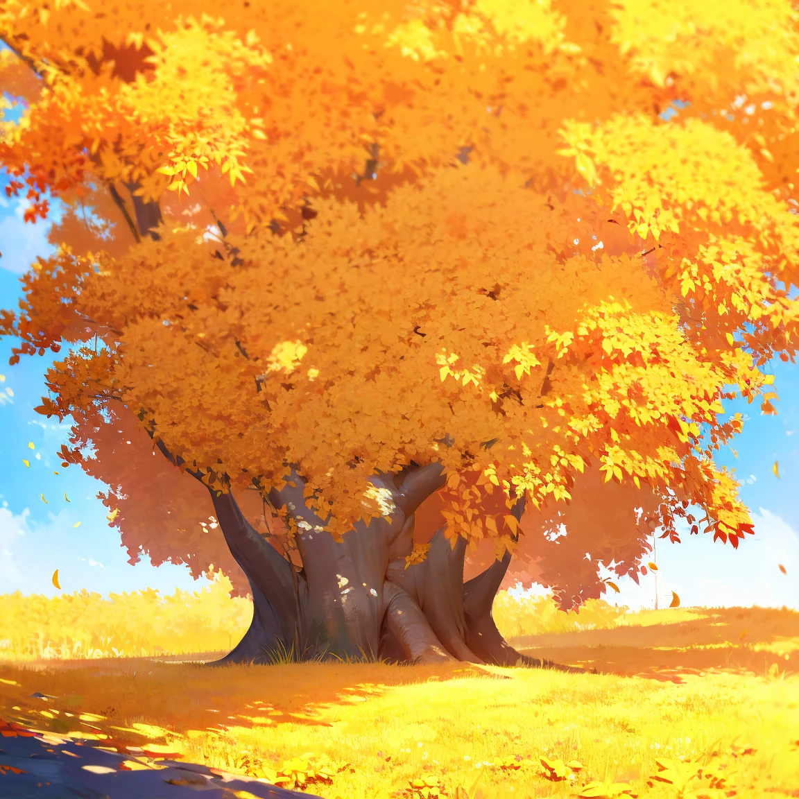 Impressionist painting, a tree with golden leaves and a blue sky background.