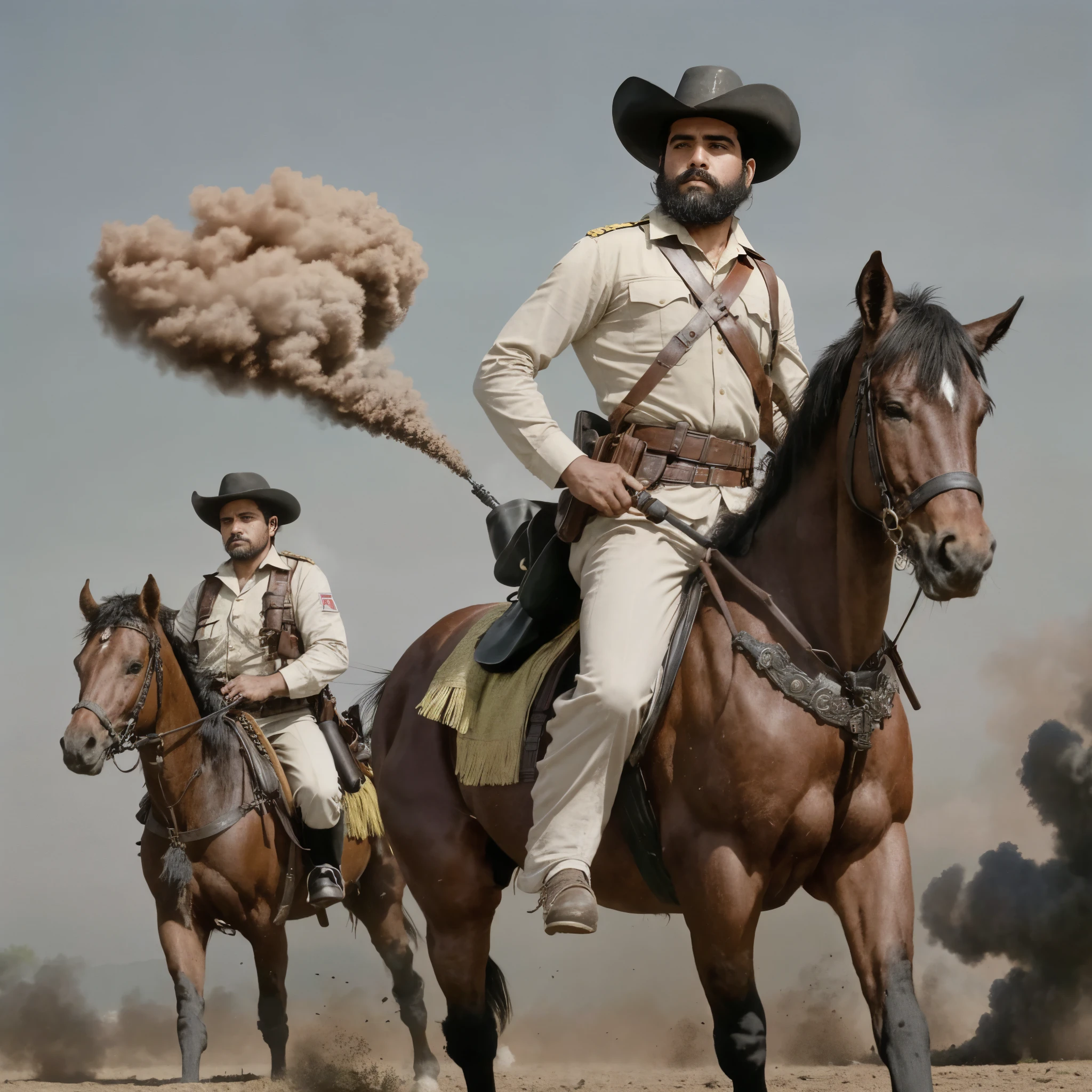 { "prompt": "A fierce Mexican revolutionary warrior stands tall in the midst of a chaotic battlefield. His face, framed by a sharp, well-groomed beard, reflects unwavering determination. He wears a wide, ornate charro sombrero with golden accents, and two leather bandoliers packed with bullets cross his muscular chest. The dust and smoke from gunfire fill the air, adding to the intensity of the scene. In one hand, he grips a rifle, ready to defend his cause. Behind him, fellow revolutionaries charge forward on horseback, capturing the bravery, struggle, and passion of the Mexican Revolution.", "size": "1024x1024" }

