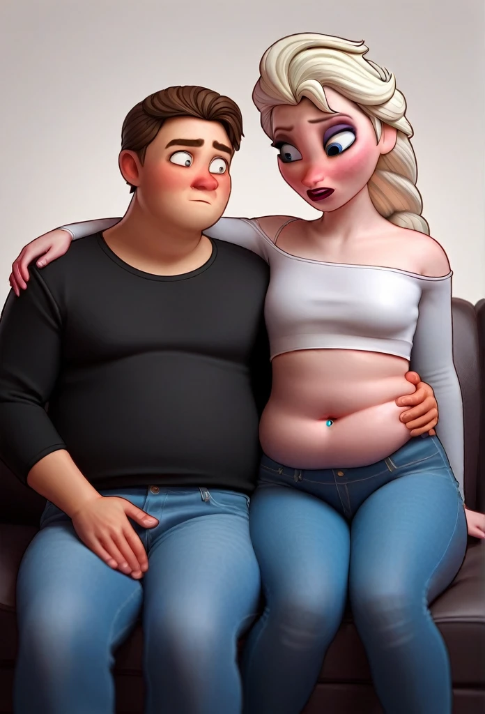 (( 3D, a slim and short Man,a Man pinching elsa's cheeks,A Man pinching and  touching Elsa's Belly )) ,Tall ,slim faced Surprised Elsa,literally gained a plump belly,Trying to wear jeans but they don't fit because she gained put on weight,fullbodyimage,Raised Eyebrows, Plump body,The button on the jeans does not close because of her belly,navel button piercing, Pudgy Belly,sit on the couch,Red Lips,jeans button popping,triangle body shaped,a man touching her belly behind her