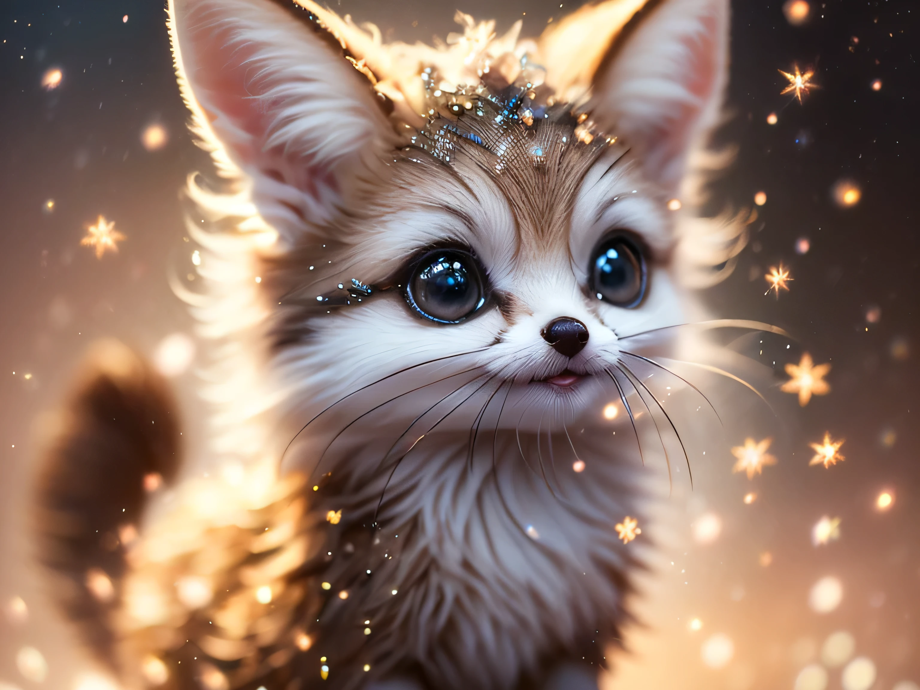 super cute, big-eyed, with a soft, gentle nose, fluffy, smiling with two teeth, fennec fox on a natural background, realistic, beautiful, sparkles, stars in the eyes, soft volumetric light, (backlight:1.3), (cinematic:1.2), intricate details, (ArtStation:1.3), Rutkowski --auto --s2