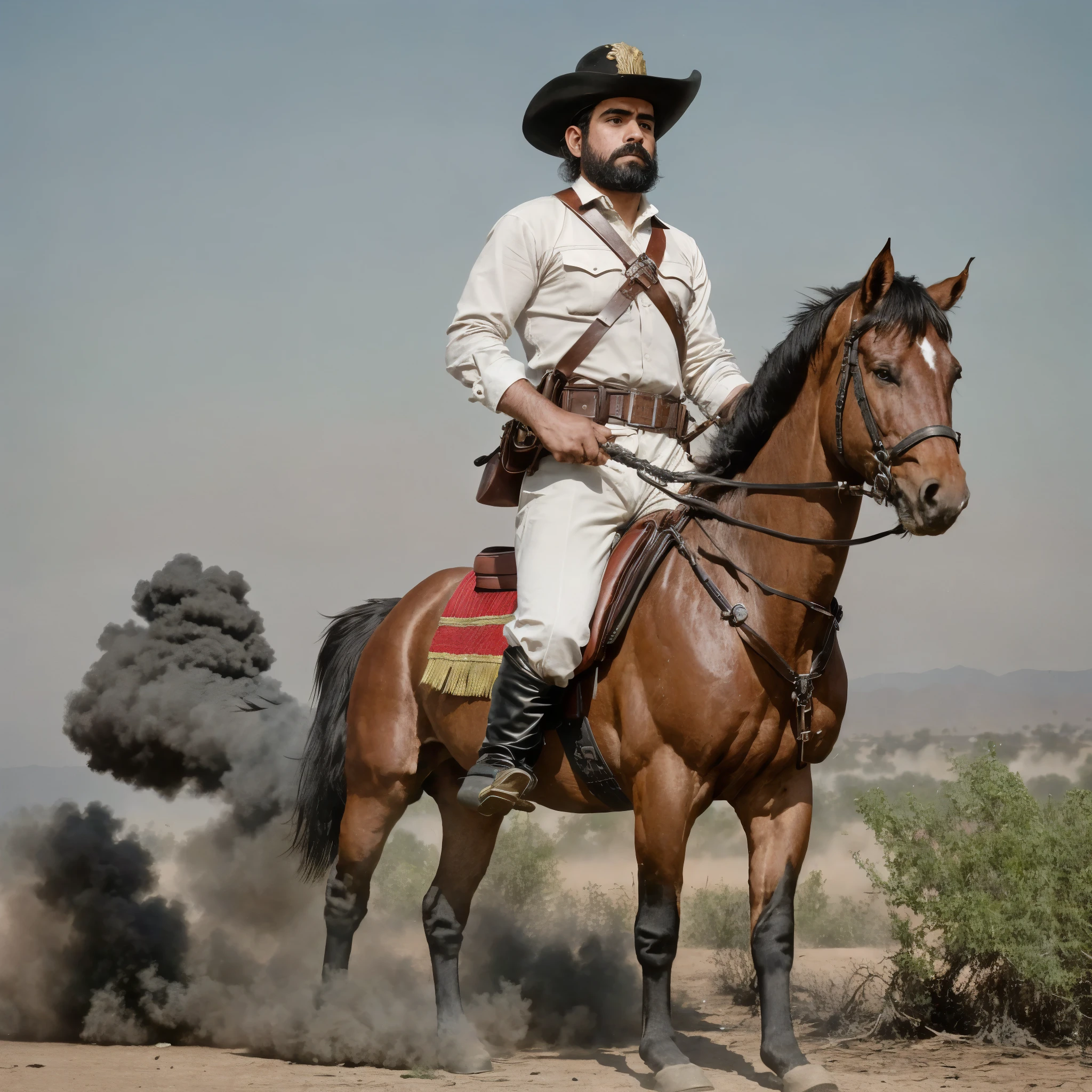 { "prompt": "A fierce Mexican revolutionary warrior stands tall in the midst of a chaotic battlefield. His face, framed by a sharp, well-groomed beard, reflects unwavering determination. He wears a wide, ornate charro sombrero with golden accents, and two leather bandoliers packed with bullets cross his muscular chest. The dust and smoke from gunfire fill the air, adding to the intensity of the scene. In one hand, he grips a rifle, ready to defend his cause. Behind him, fellow revolutionaries charge forward on horseback, capturing the bravery, struggle, and passion of the Mexican Revolution.", "size": "1024x1024" }

