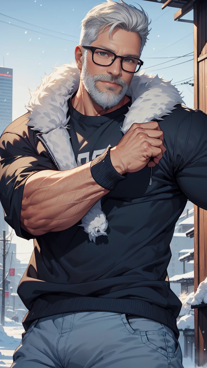 sfw, 1man, middle aged, 61 y.o, handsome, white graying edges, crew cut hairstyle, white beard, white mustache, friendly smile, wearing glasses, shining blue eyes, prominent muscular bodyshape, BODYBUILDER BODYSHAPED, black sweater, snow-themed winter mantle, dark blue training jeans, snowy tokyo (background), evening (sky color), closer distance face against me, realistic style, ultra-realistic, hyperrealistic, hyperdetail, looking viewers, hd, high quality, 8k resolution