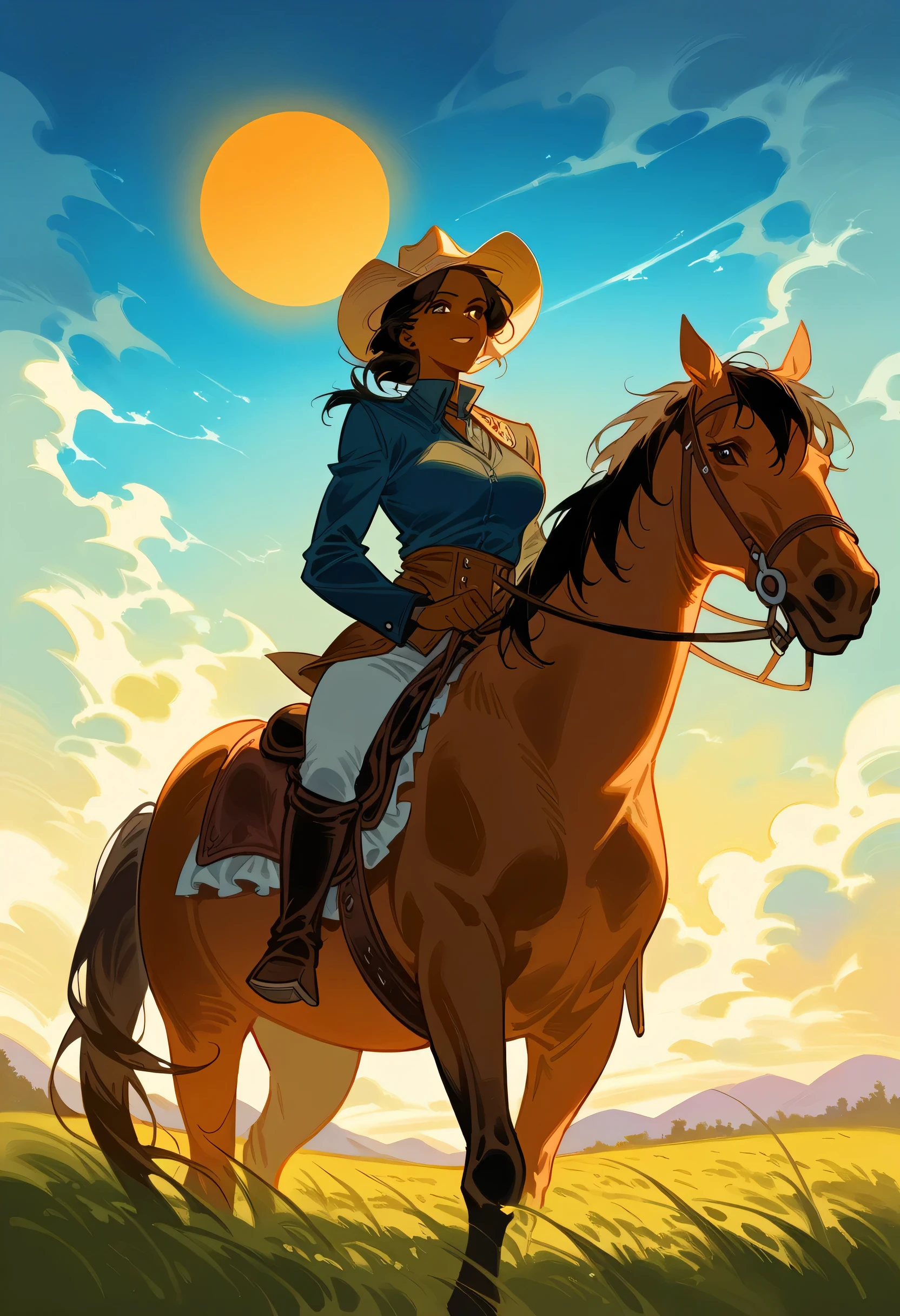 painting of a woman riding a horse in a field with a sun setting, inspired by Jakub Schikaneder, by Jakub Schikaneder, alphonse mucha and alena aenami, by Andrew Robinson, inspired by Jeffrey Catherine Jones, jeffrey catherine jones pose, guweiz masterpiece, jen bartel, by Jeffrey Catherine Jones, sergey kolesov brown skin black hair cowboy hat 