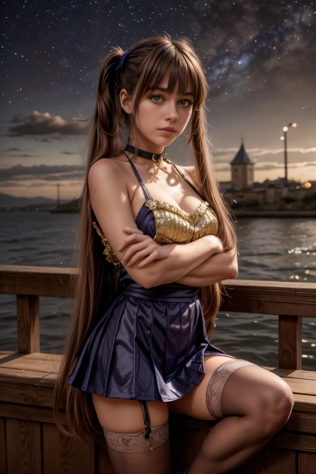 girl, located in the corner, looking at the sky, solo, Mona (Genshin Impact), choker, hair between eyes, star (symbol), long hair, dark purple hair, twintails, blue eyes, shining eyes, jewelry, witch, maid, bangs, purple black dress, purple skirt, white apron, landscape, night sky, star (sky), starry sky, night, outdoor, clouds, reflection, water, magic, tarot, water magic, ((beautiful golden crystal star)), space, water droplets, best quality, masterpiece, 1girl, solo, Ferry, long hair, FerryBase, thighhighs