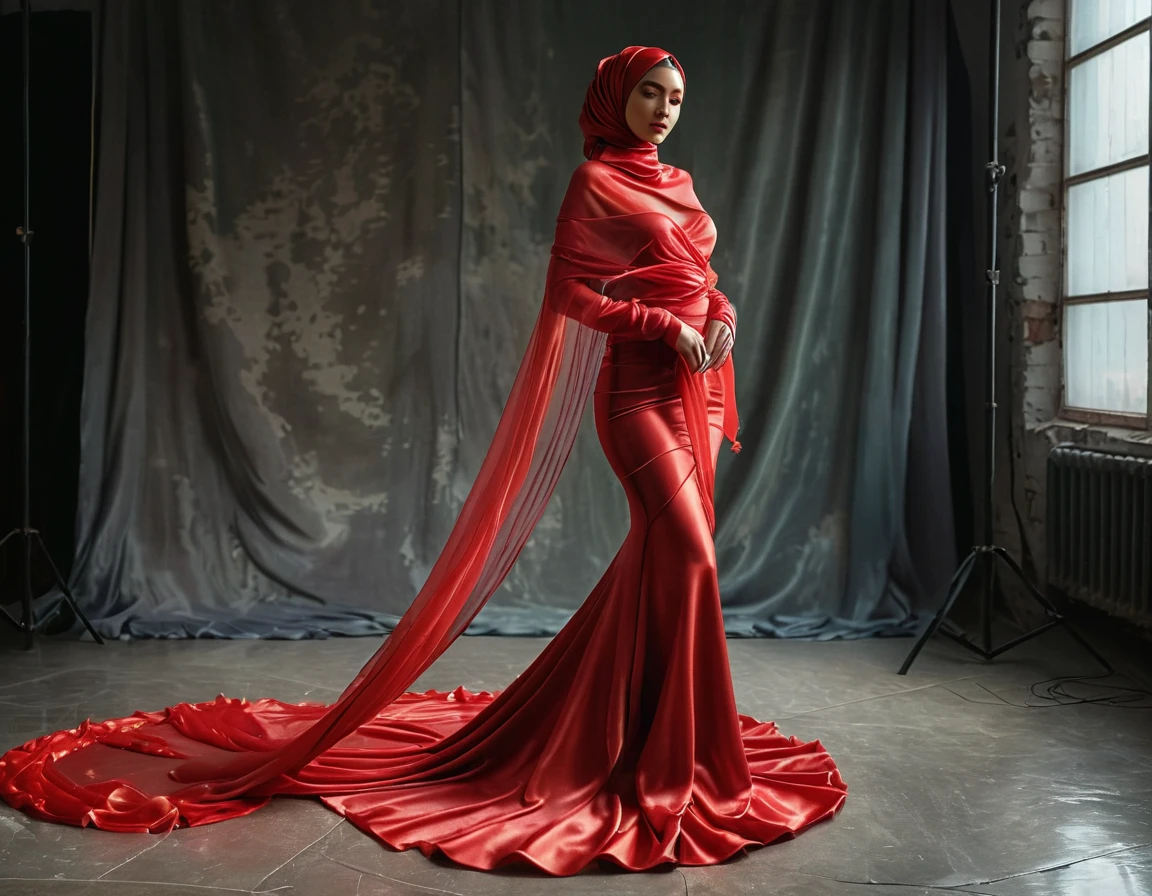 A woman shrouded in a 10-meter-long, plush red semi transparent satin shimmer cloth, slim body with big breast, tightly bound and grandly draping along the form of her body, flowing off into a pooled floor-length train, styled in a mermaid-inspired outfit, her head modestly veiled in a satin shimmer modern hijab, tall and beautifull woman with glamour make up, sexy pose in photo studio, a full-body pose conveying a sense of mysterious elegance, captured in a 4k resolution, ultra-realistic