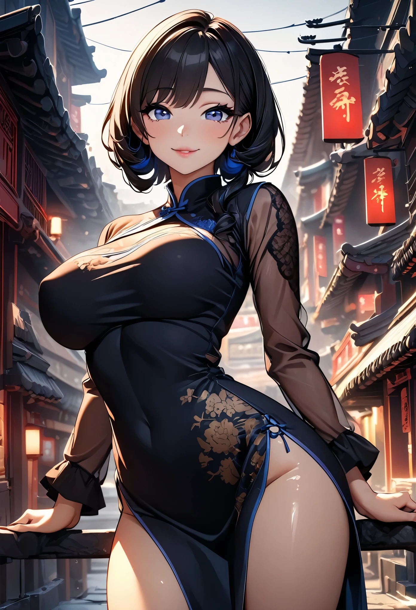 セクシーChina dressを着た女性, I see red underwear, Large Breasts, China dress, Captivate the viewer, Smile, Detailed face, Long eyelashes, Beautiful Eyes, Moist lips, Sexy Makeup, Shiny skin, Beautiful and intricate lace detailing, Cowboy Shot, Random Pause, (Highest quality, 4K, 8k, High resolution, masterpiece:1.2), Super detailed, (Beautiful CG illustrations:1.2, Cute anime style, Dramatic atmosphere, High contrast, Cold colors, Chiaroscuro), Chinatown, Studio Lighting, Dramatic Contrast, Warm tones, Rich texture