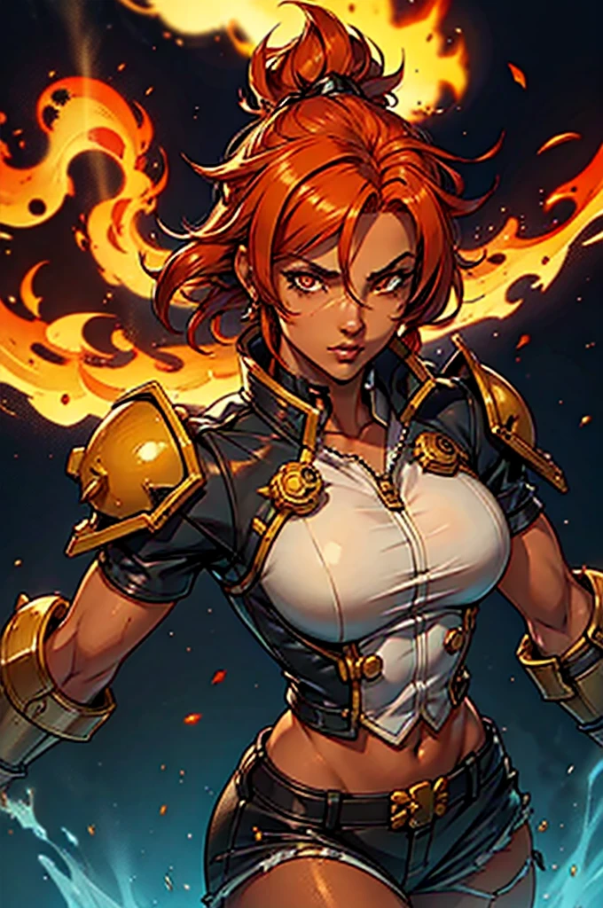 female, fit, warhammer 40k, portrait, fire hair, crazy, tanned, fire
