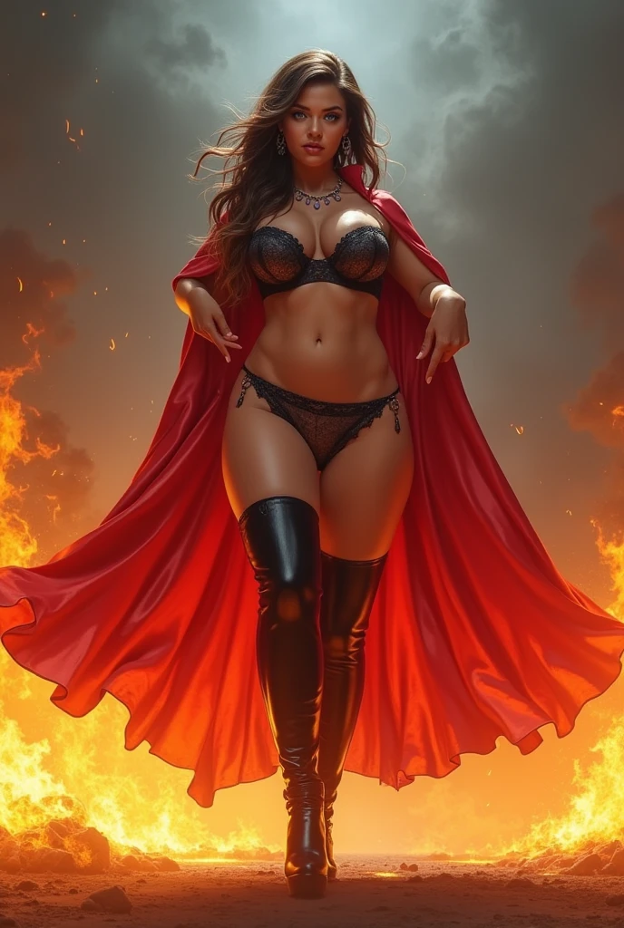 (RAW photo, real life),  photorealistic, Masterpiece),(realistic skin texture), indian woman, tan, firry eyes, crimson red lips, Long black hair, Waves hair, firm breast ,fused with a ifrit commanding a superpower where (dancing Flames shoot from her palm), (dancing Flames surround her body), engulfed in radiant flames that don't consume her, reveling transparent lingerie, open arms, burning black cloak, thigh stockings, in dark fantasy world, castle, --auto --s2