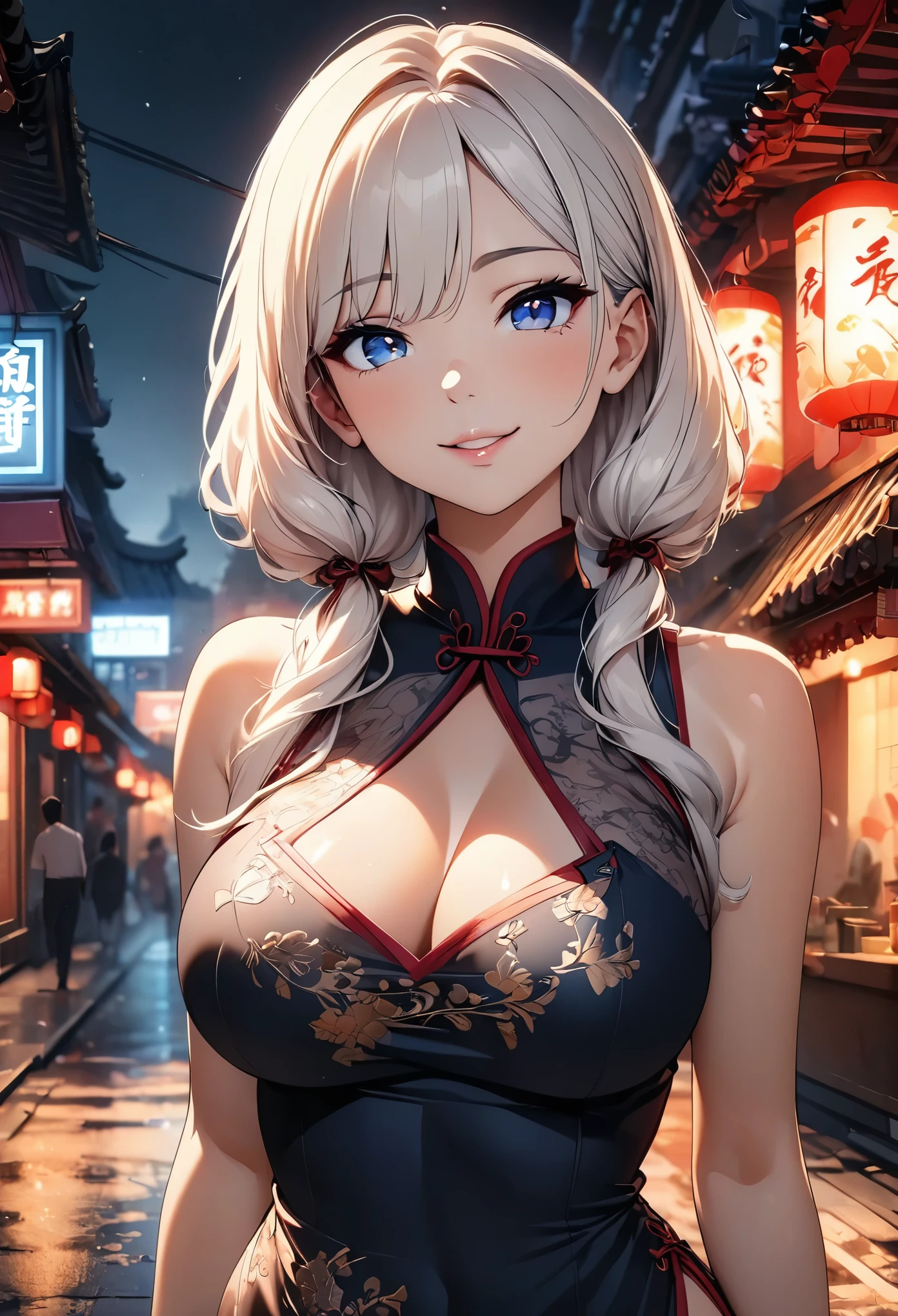 セクシーChina dressを着た女性, I see red underwear, Large Breasts, China dress, Captivate the viewer, Smile, Detailed face, Long eyelashes, Beautiful Eyes, Moist lips, Sexy Makeup, Shiny skin, Beautiful and intricate lace detailing, Cowboy Shot, Random Pause, (Highest quality, 4K, 8k, High resolution, masterpiece:1.2), Super detailed, (Beautiful CG illustrations:1.2, Cute anime style, Dramatic atmosphere, High contrast, Cold colors, Chiaroscuro), Chinatown, Studio Lighting, Dramatic Contrast, Warm tones, Rich texture