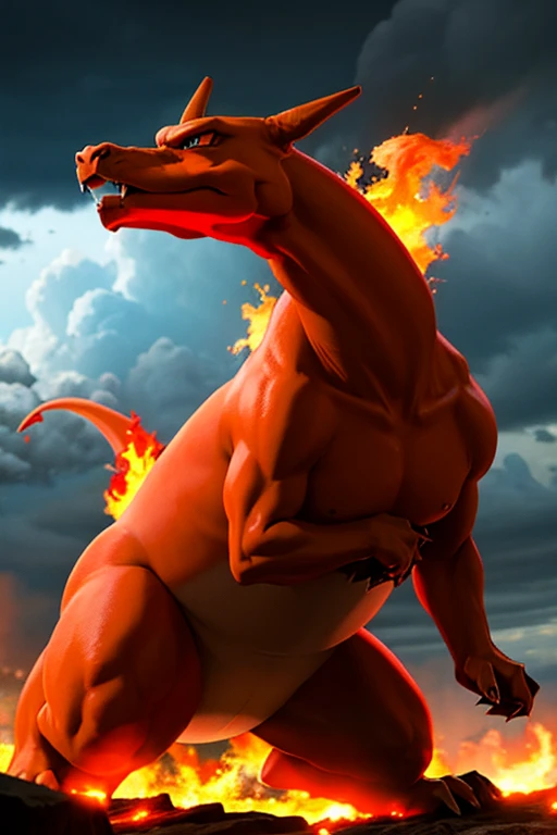 Charizard transformed into an overwhelmingly ferocious fire beast、Fire Storm、Dark clouds、Heavy downpours、Realistic、Cinematic composition、Extending Fangs、8 heads、Doomsday Beast