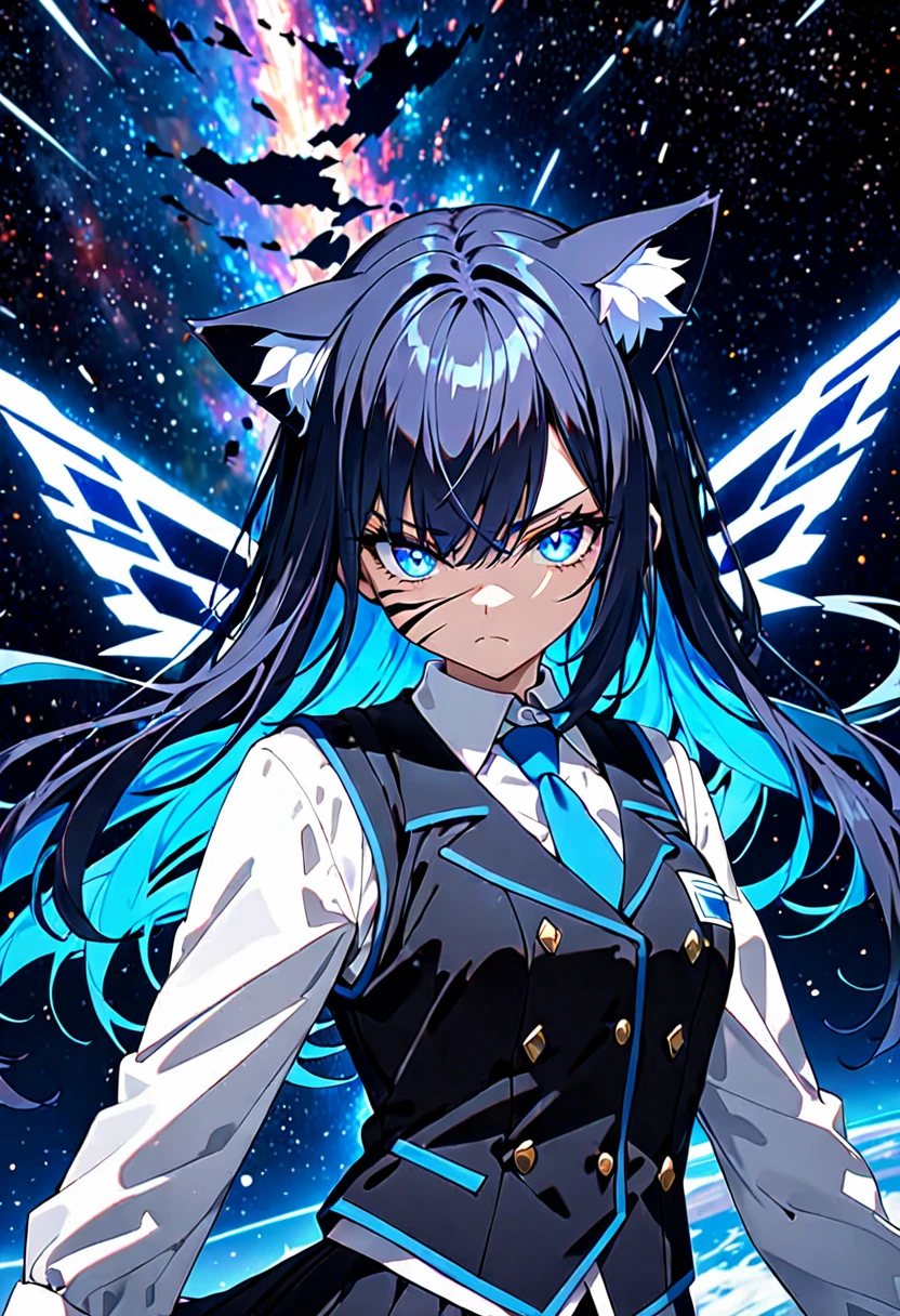 8K Ultra High-Quality, ultra-detailed, High quality, Dark Blue hair, Neon Blue inner layer hair, glowing Blue eyes, Long hair, Cat ears, gloves, white school uniform, black vest and skirt, Cyber wings, serious expression, closed mouth, face covered in scars, full body, space background, floating, close up