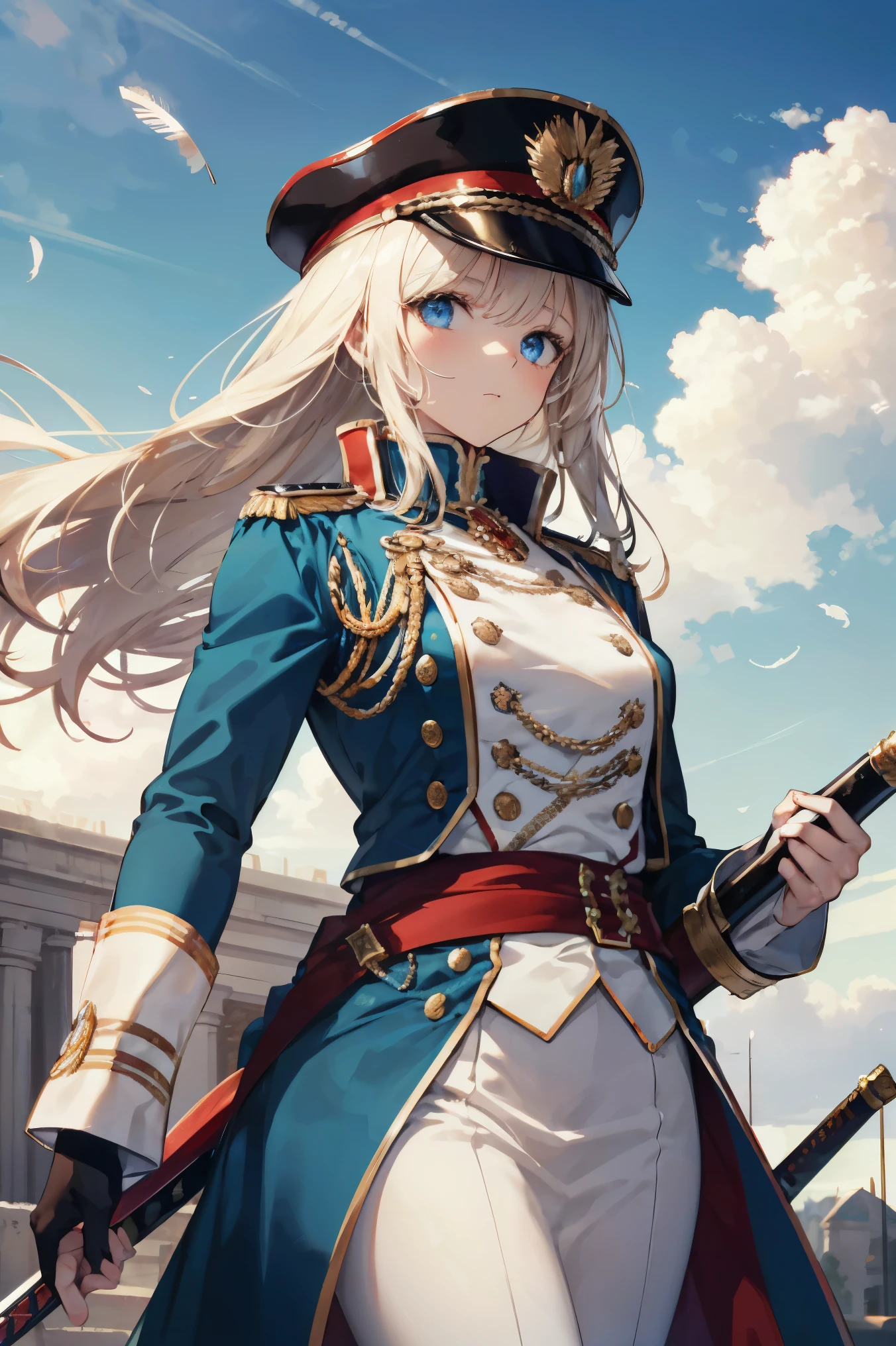 An elegant female military officer in the style of Napoleon Bonaparte. She is wearing a detailed 19th-century military uniform inspired by the French Empire, featuring a blue coat with gold embroidery, a bicorne hat with a feather, and a sash across her chest. Her expression is confident and commanding, standing in a proud pose with one hand resting on the hilt of a sword. The background shows a grand battlefield with a sky filled with dramatic clouds, emphasizing her leadership and authority