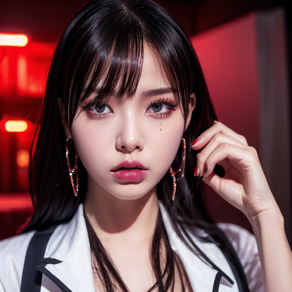 hot Korean girl, Kpop idol, ultrarealistic, professional photo, album cover, makeup, HD, idol, detailed face, high quality, defined face, posing, dramatic lighting, album art, photoshopped, cool effects, earrings, different cute kpop outfit, posing, sad girl, goth, grungy dimly lit bedroom, punk style, punk harajuku, sexy, goth, crying, running mascara, smudged lipstick, tears, ruined makeup, red lighting, red lights