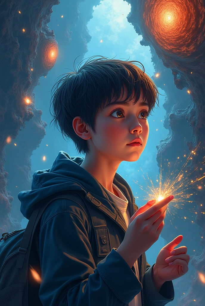 Create a figurative image for a painting of a quiet boy born in a noisy world, who doesn't speak but when he does, it is a wow. A dramatic painting where the boy finally speaks. The world around him seems to pause, and his words are visualized as powerful, glowing symbols or waves breaking through the noise.